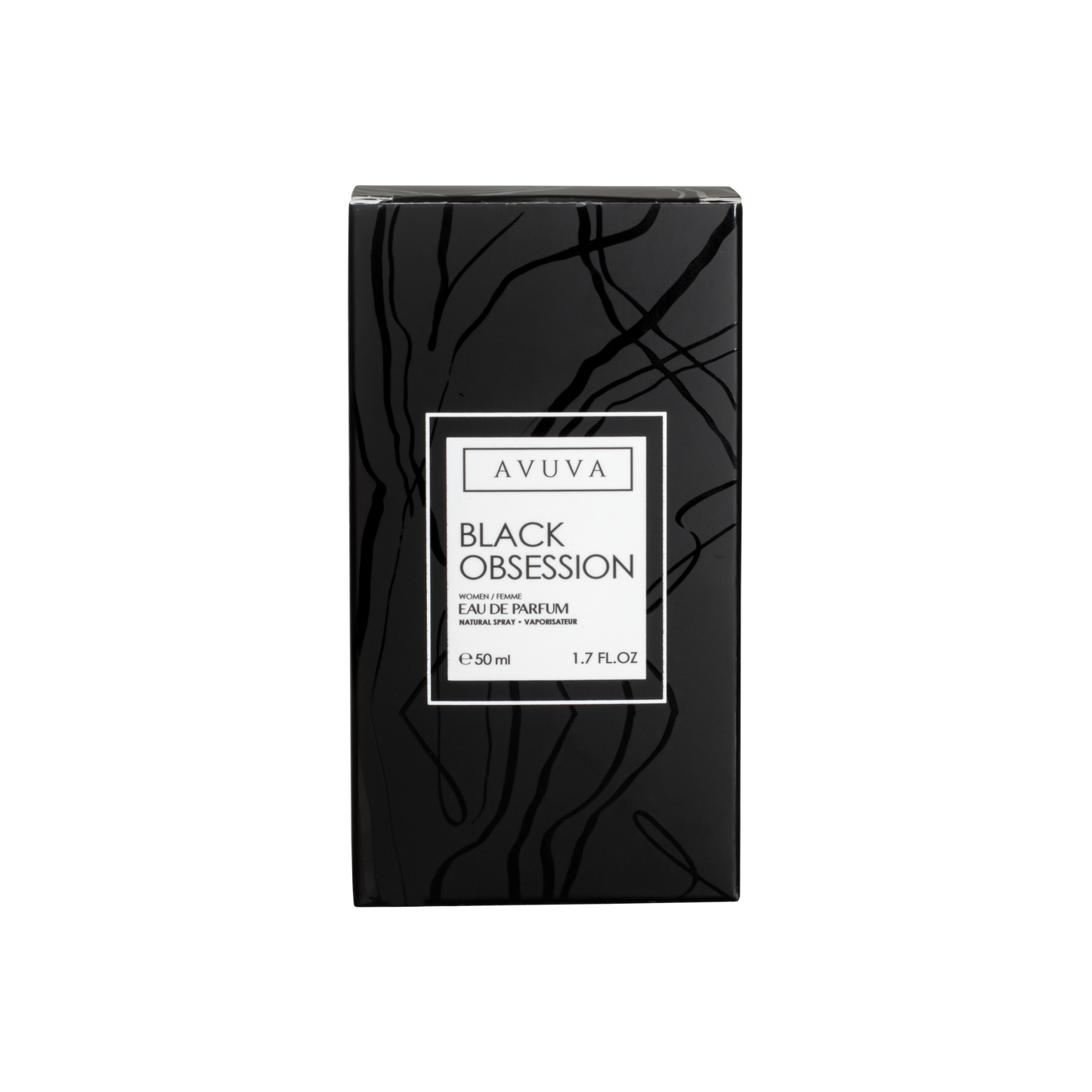 Black Avuva Black Obsession perfume bottle on a white background